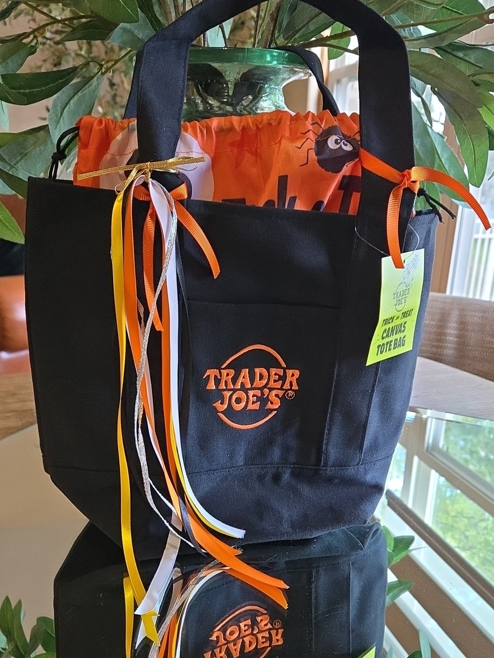 Trader Joes Nwt BlackCanvas Tote Bag with Orange Logo Detachable Liner Added